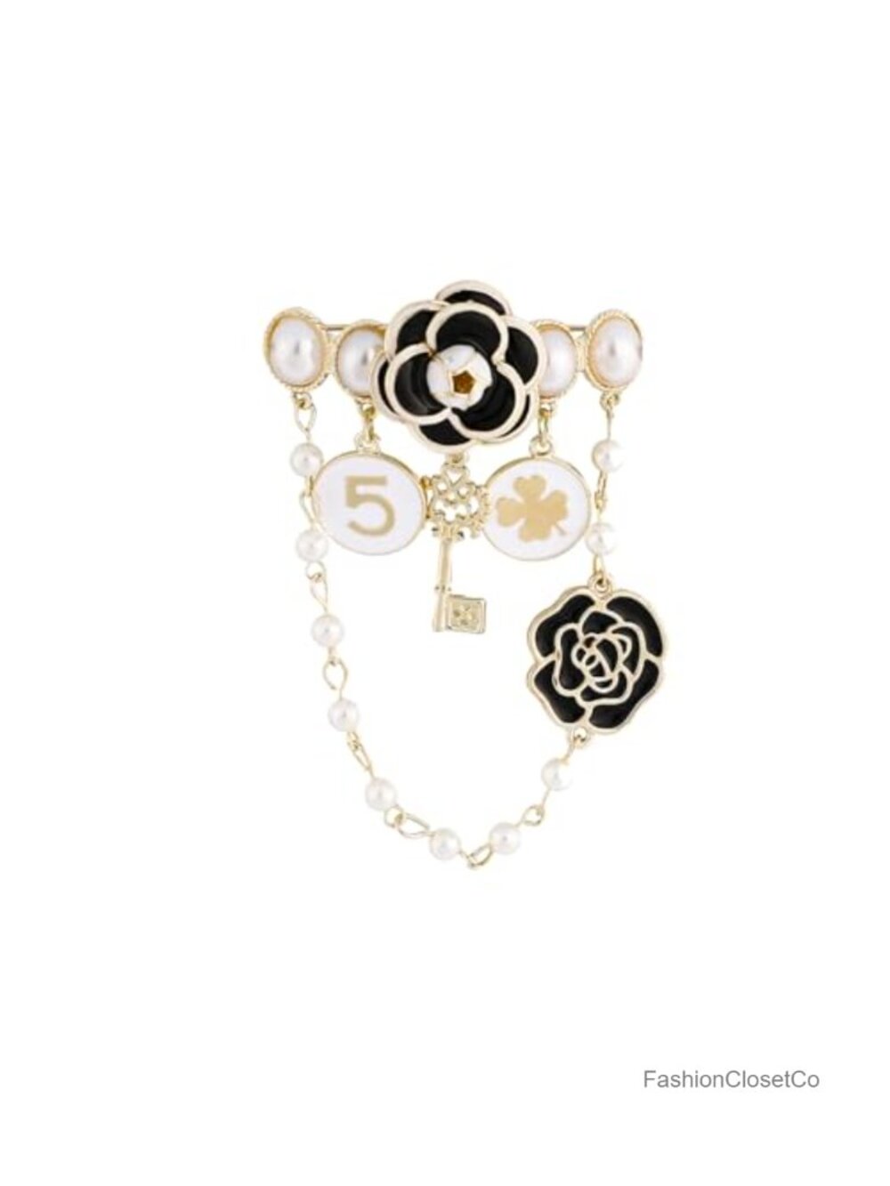 Pearl Dangle Chain Brooch Four Leaf Clover Rhinestone Camellia Pin